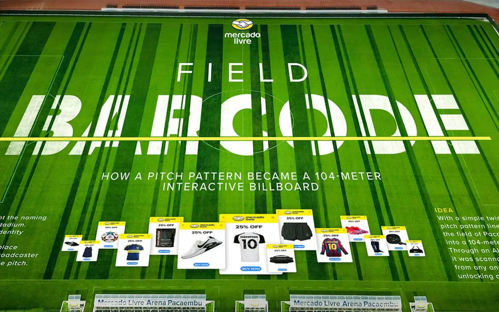 Field Barcode de Mercado Livre: cancha de fútbol convertida en un código de barras escaneable