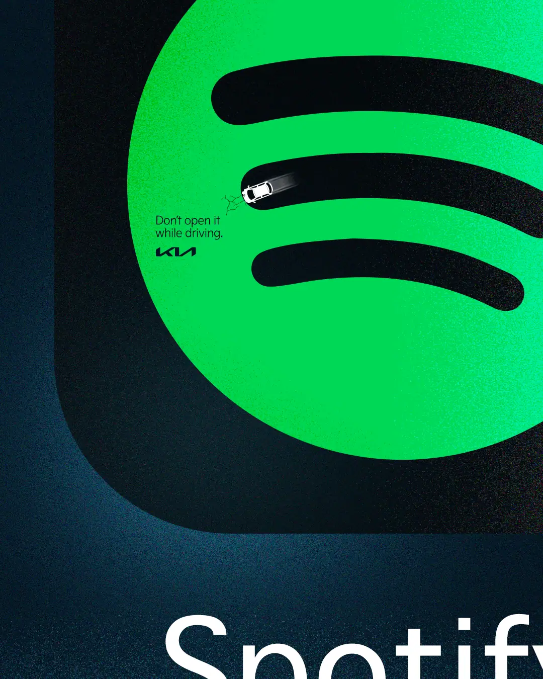 No la abras de Kia: las ondas del logo de Spotify convertidas en curvas de carretera con un auto que se despista