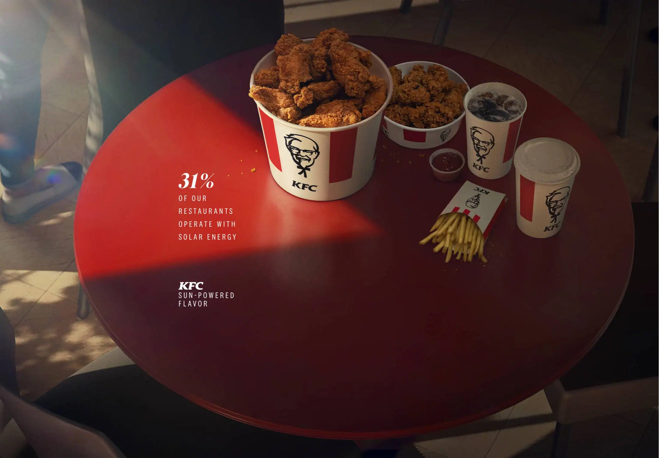 Sun Stats de KFC Ecuador: la luz del sol forma un triángulo de datos sobre una mesa roja con comida de KFC