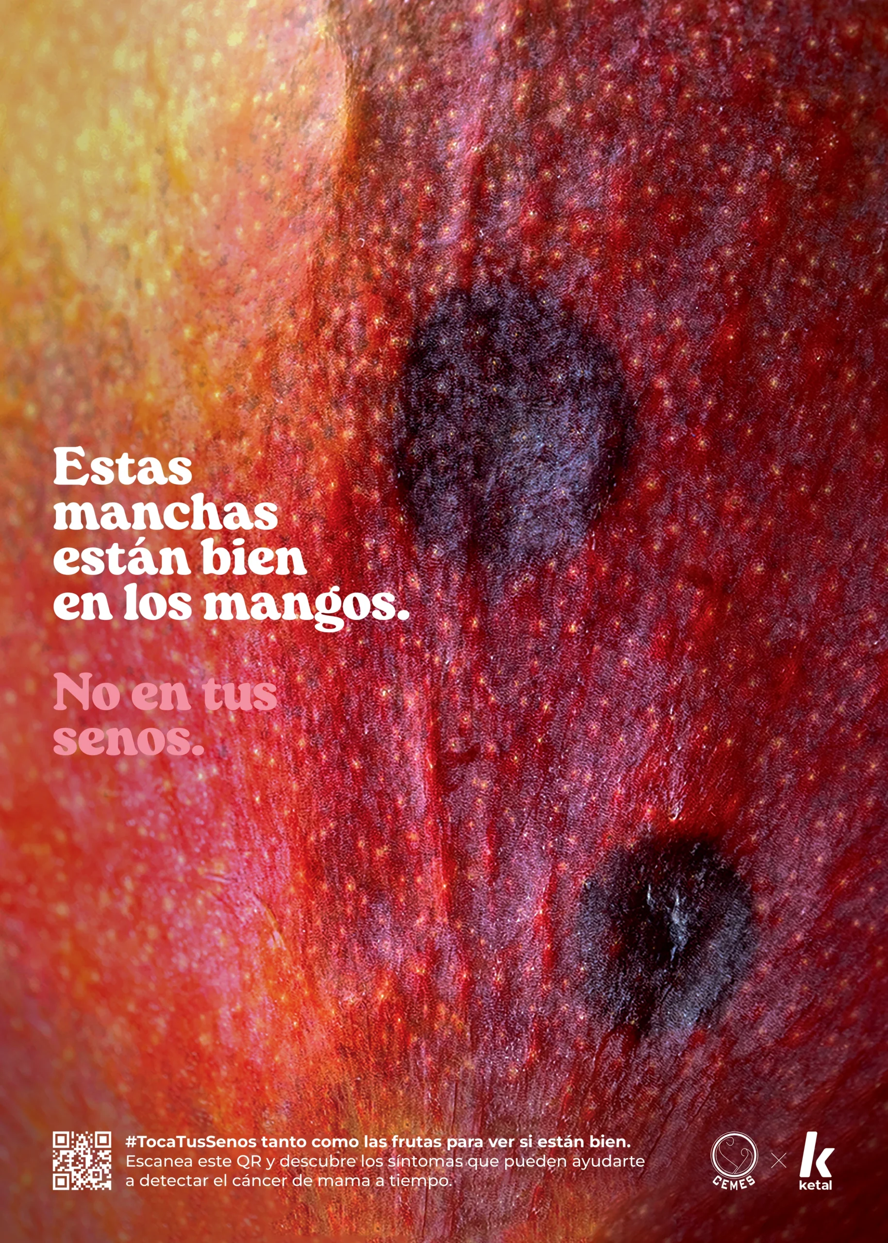 Toca tus senos: piel roja y amarilla de un mango con manchas, comparada con las señales en los senos