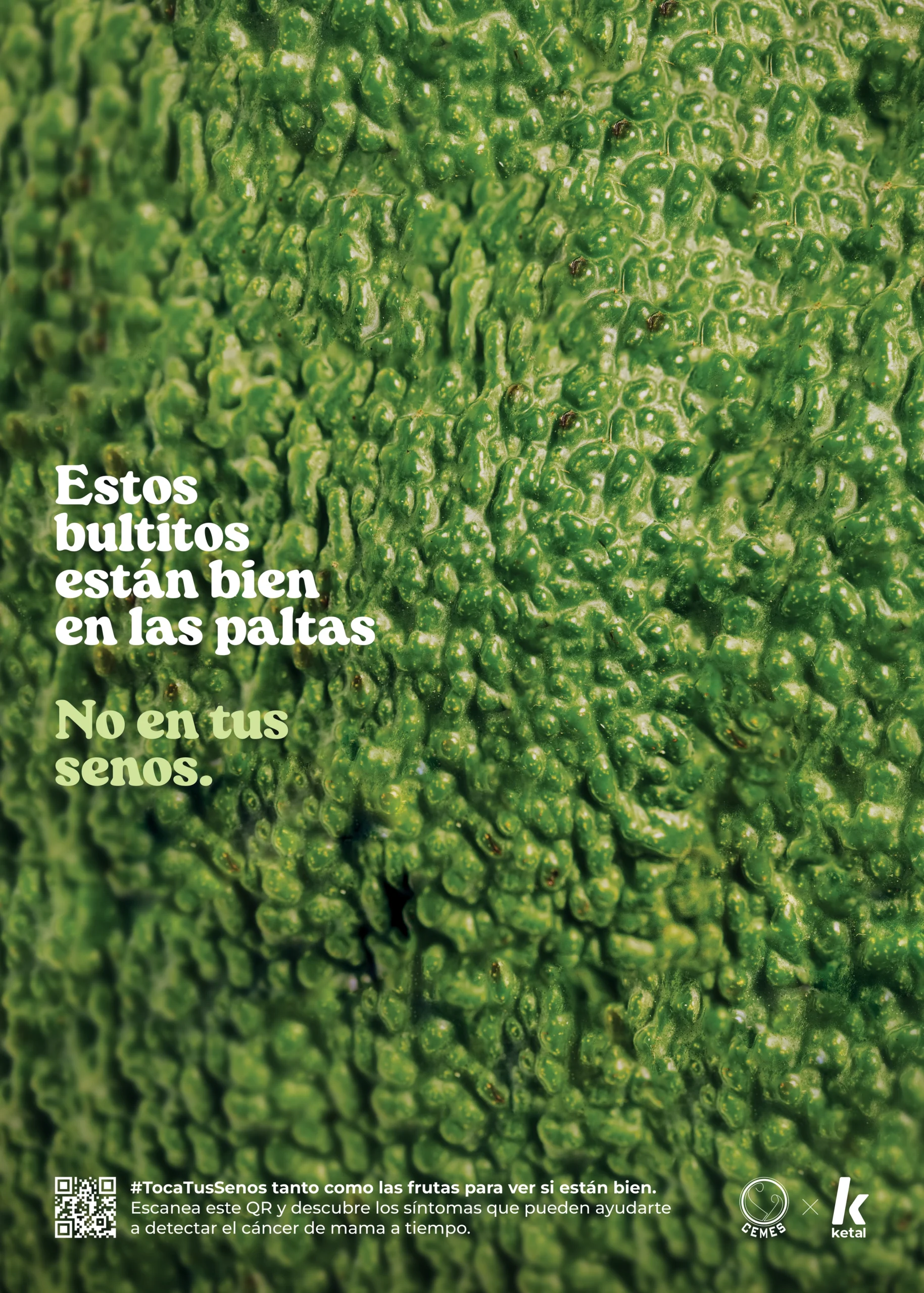 Toca tus senos de Ketal: superficie de una palta con pequeños bultos, como señal de alerta del cáncer de mama